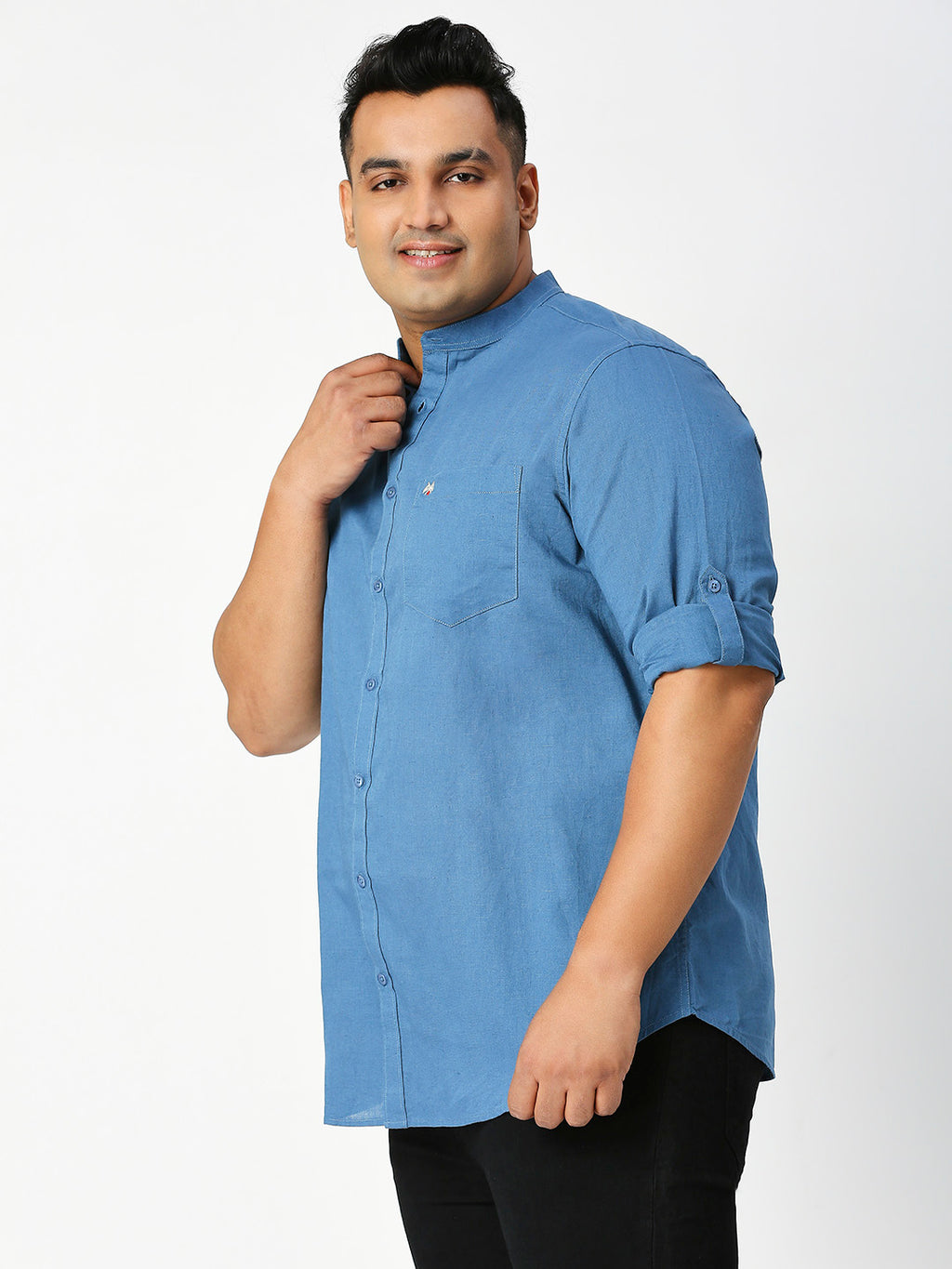 Thomas Scott Men Teal Premium Plus Size Regular Fit Long Sleeves Band Collar Solid Cotton Linen Casual Shirt