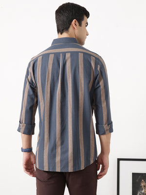 Navy Regular Fit Long Sleeves Spread Collar Wide Striped Cotton Linen Casual Shirt For Men