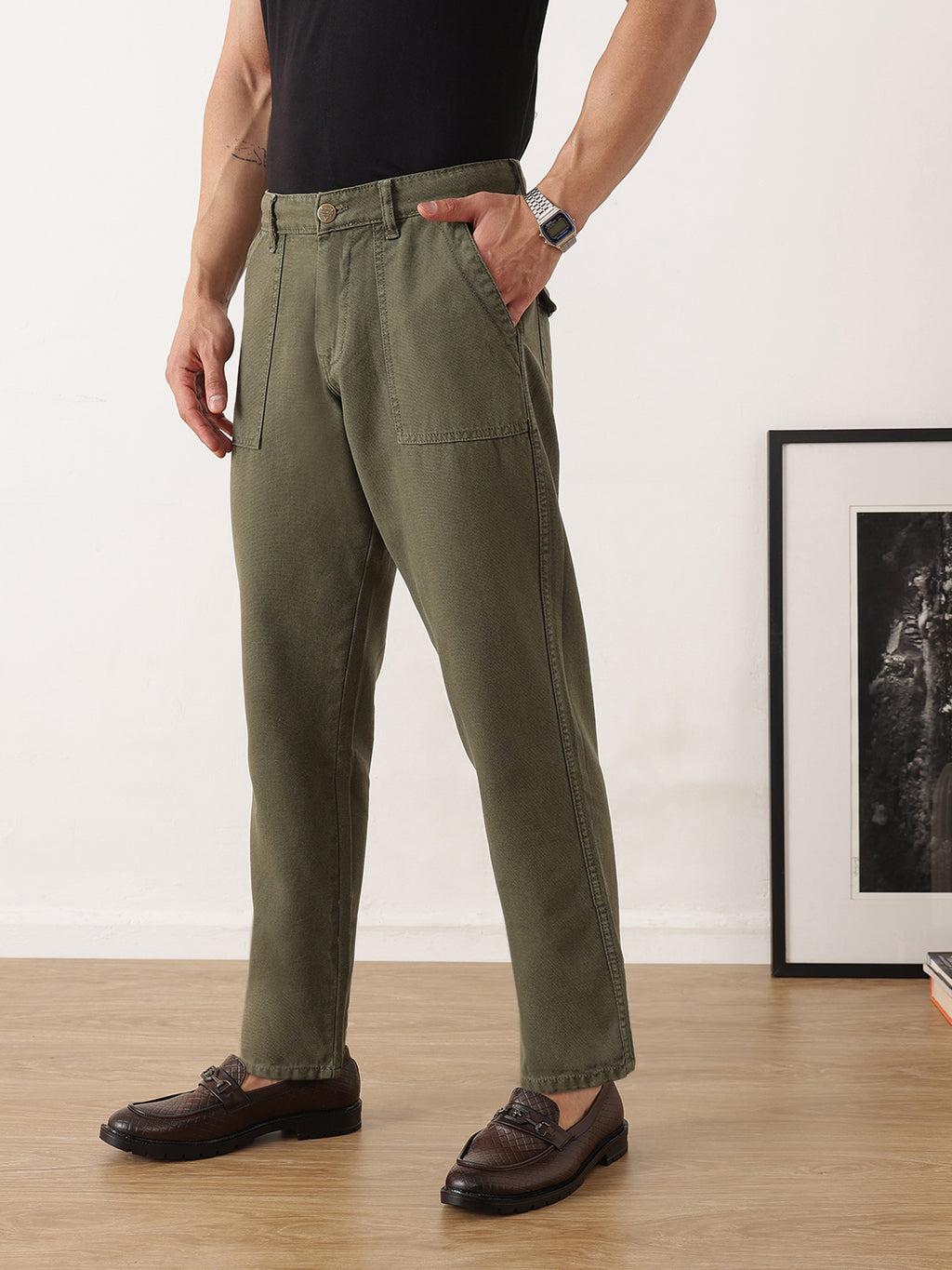 Thomas Scott Men Olive Smart Straight Fit Mid-Rise Solid Flat-Front Woven Trousers
