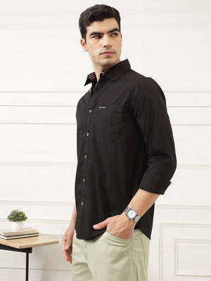 Black Premium Regular Fit Long Sleeves Spread Collar Solid Cotton Casual Shirt For Men
