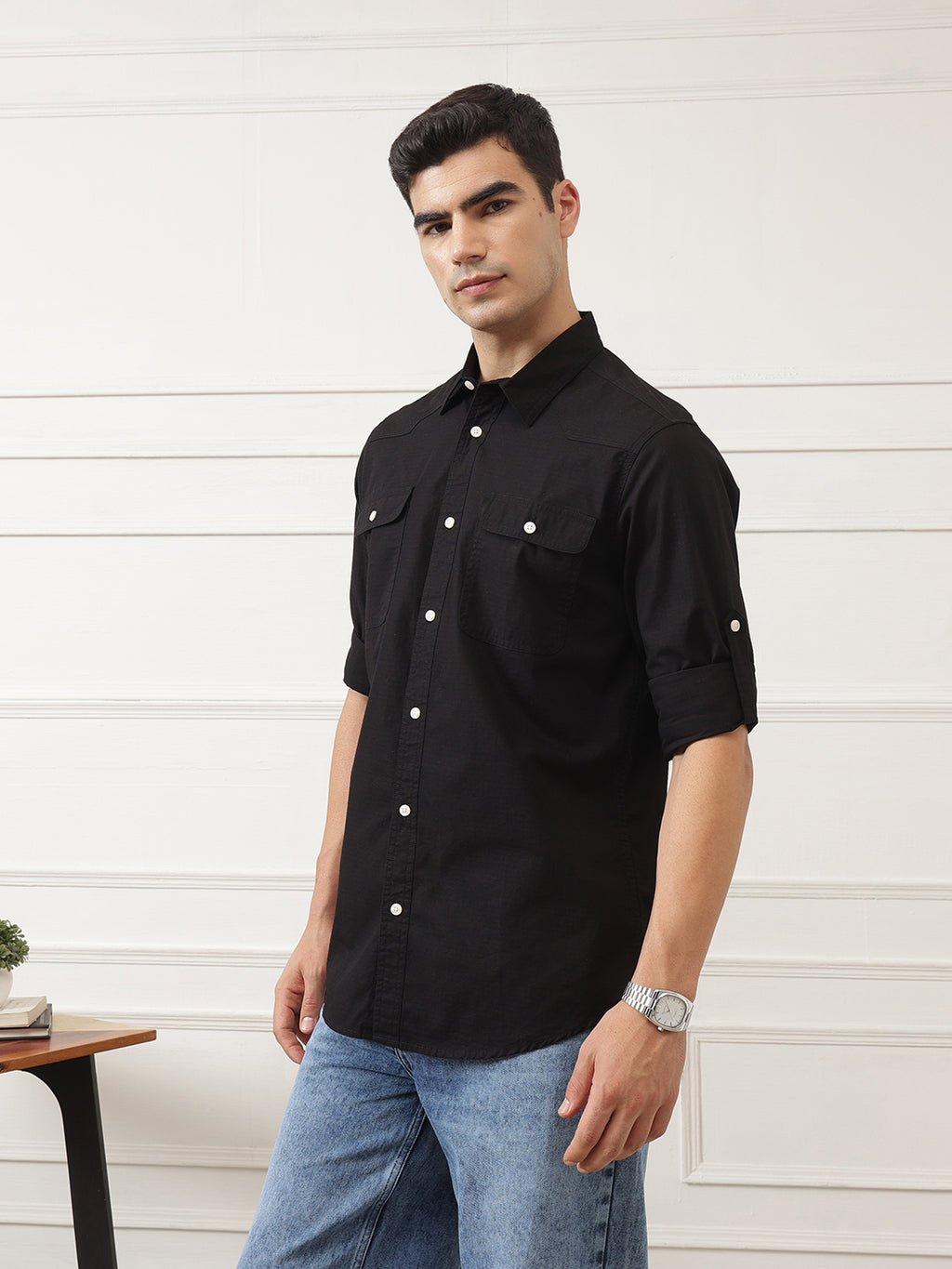 Black Roll-Up Sleeve Regular Fit Spread Collar Textured Cotton Casual Shirt For Men