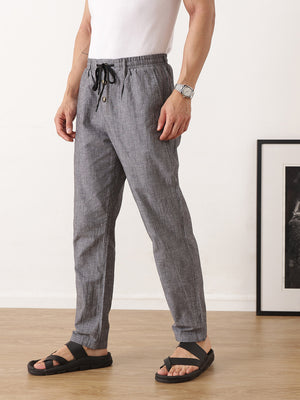 Thomas Scott Men Black Smart Relaxed Fit Mid-Rise Solid Cotton Linen Pleated Casual Trousers