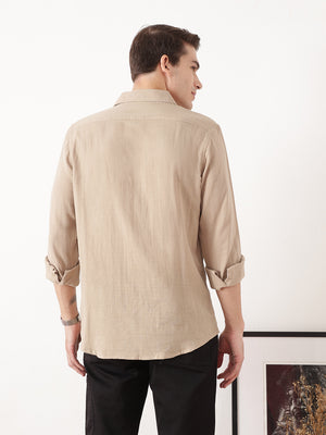 Beige Premium Regular Fit Long Sleeves Spread Collar Solid Cotton Casual Shirt For Men
