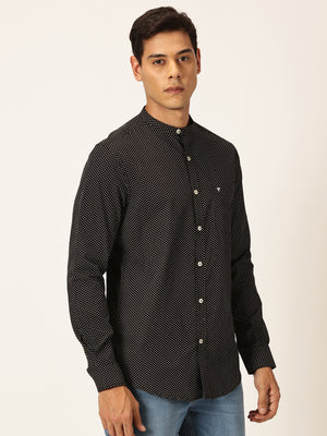 Thomas Scott Men Black Premium Slim Fit Long Sleeves Band Collar Micro Dots Printed Cotton Casual Shirt