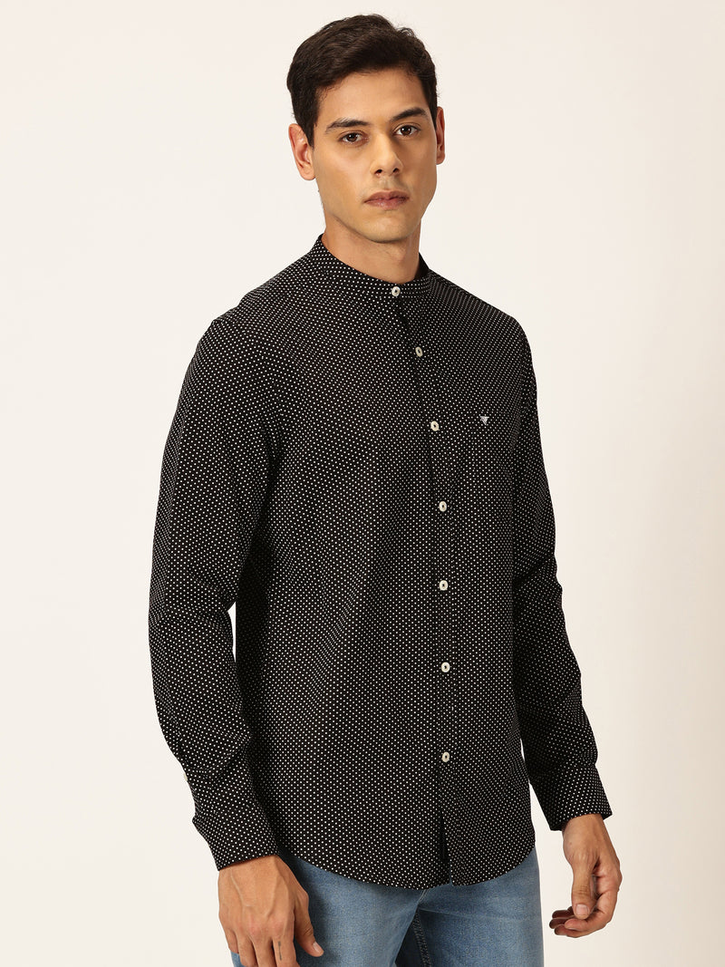 Thomas Scott Men Black Premium Slim Fit Long Sleeves Band Collar Micro Dots Printed Cotton Casual Shirt