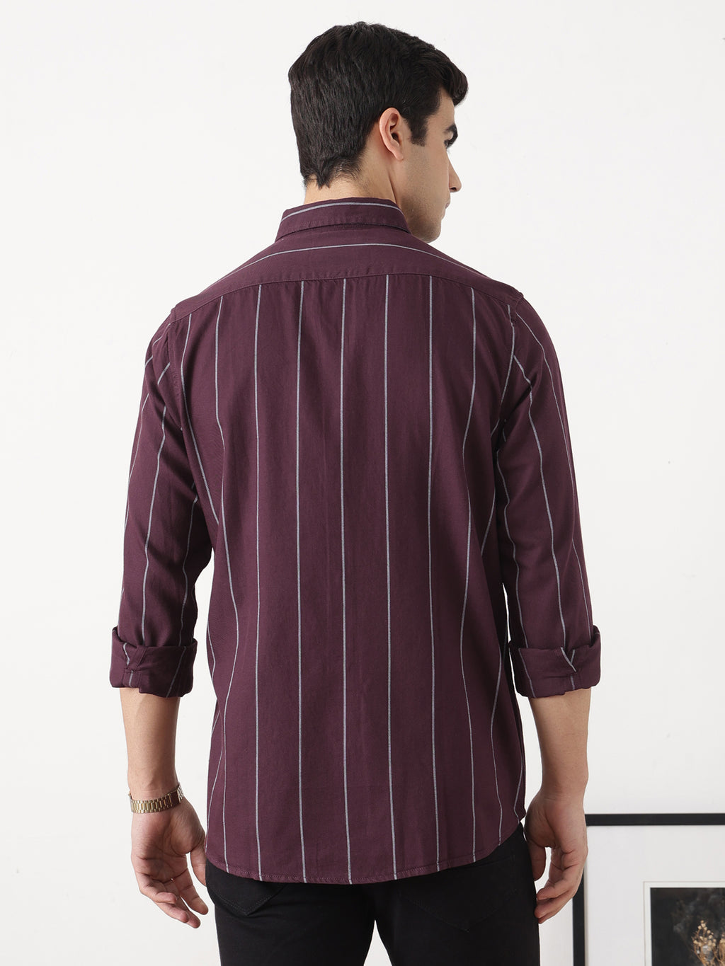 Maroon Slim Fit Long Sleeves Button-Down Collar Vertical Stripes Cotton Twill Casual Shirt For Men