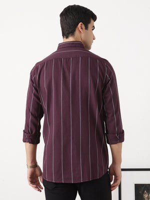 Maroon Slim Fit Long Sleeves Button-Down Collar Vertical Stripes Cotton Twill Casual Shirt For Men