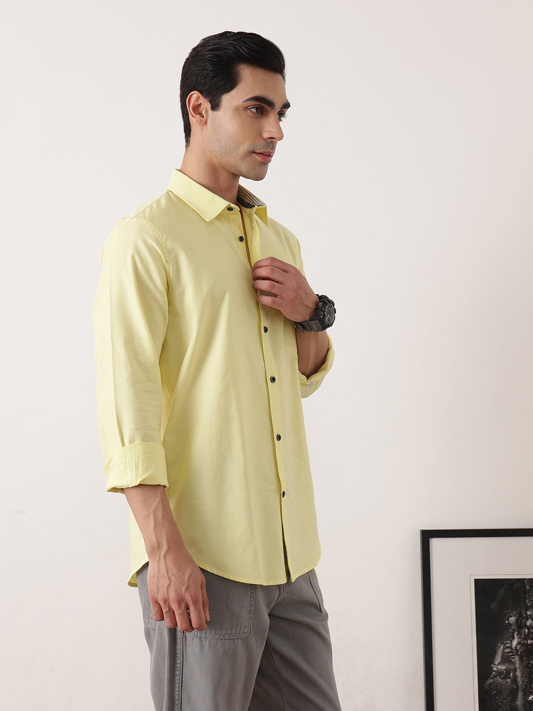 Thomas Scott Men Yellow Premium Slim Fit Long Sleeves Spread Collar Solid Cotton Twill Shirt