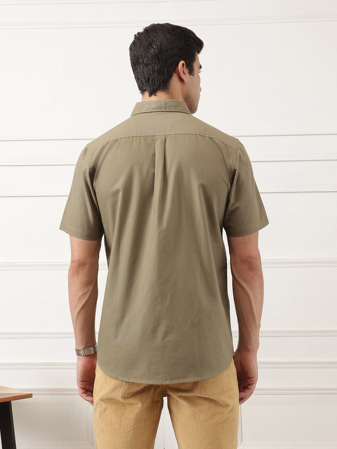 Light Khaki Regular Fit Short Sleeve Spread Collar Solid Oxford Cotton Casual Shirt For Men