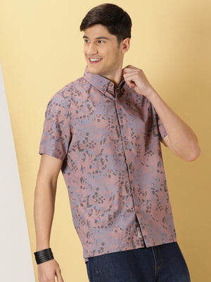 Thomas Scott Men Purple Smart Slim Fit Short Sleeves Spread Collar Floral Printed Cotton Casual Shirt