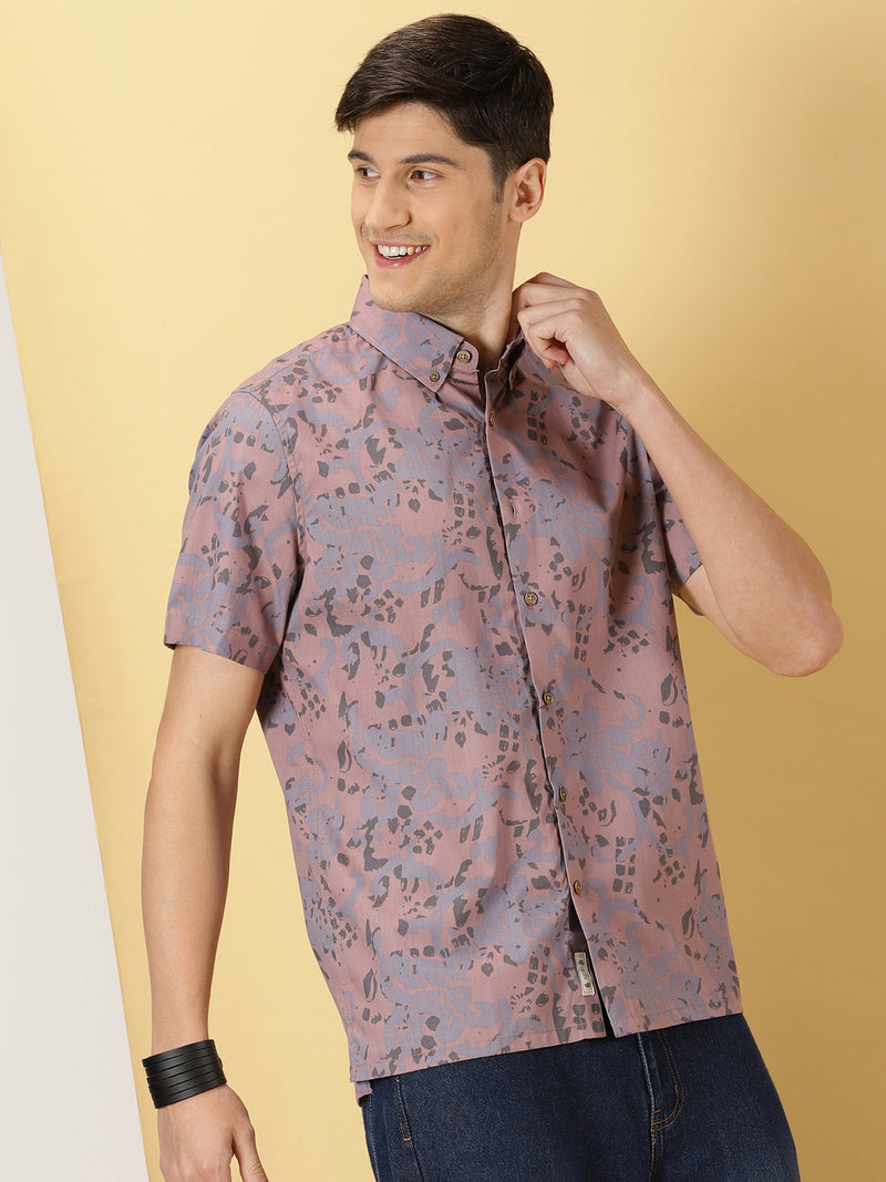 Thomas Scott Men Purple Smart Slim Fit Short Sleeves Spread Collar Floral Printed Cotton Casual Shirt