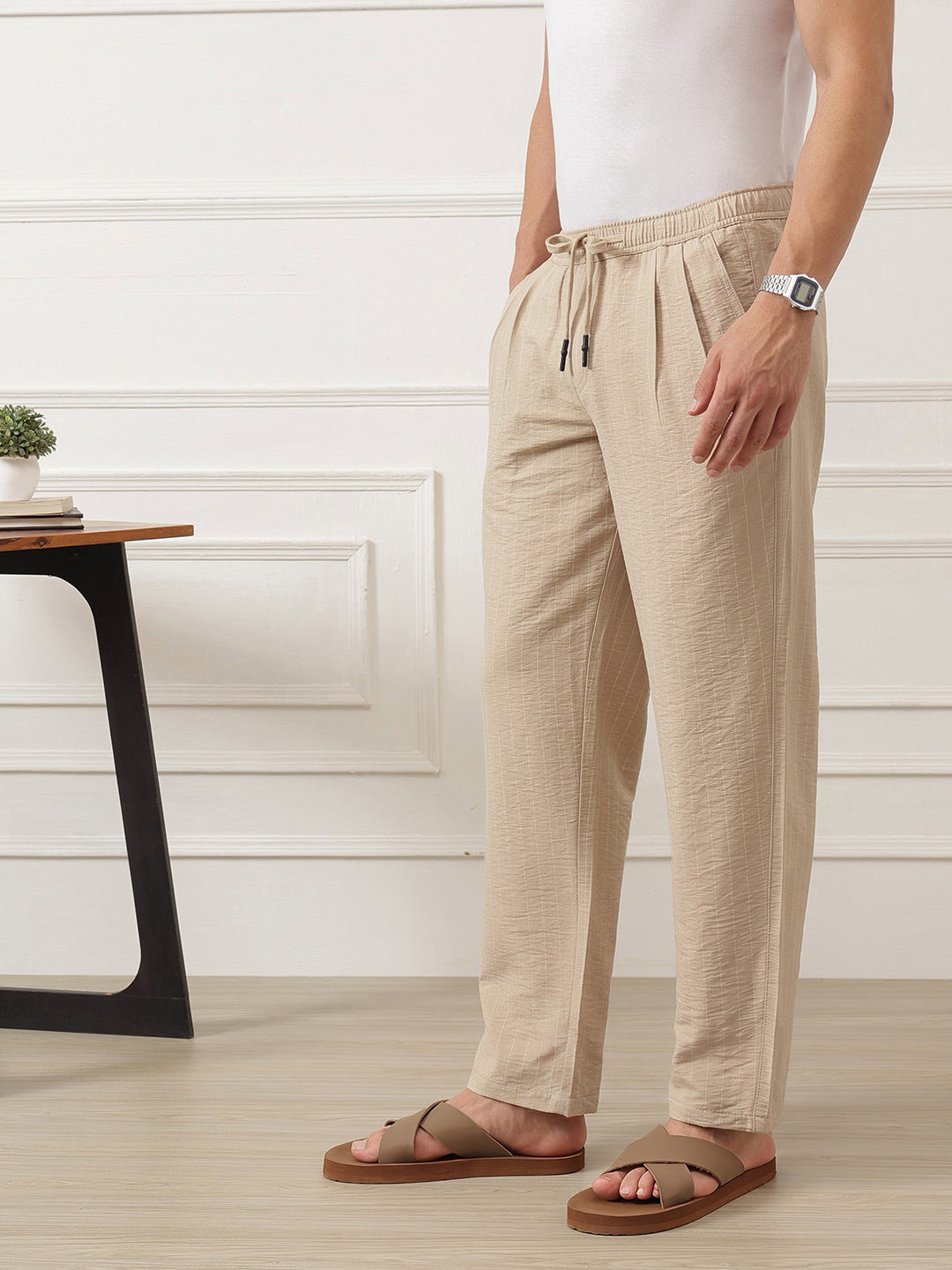 Thomas Scott Men Cream Smart Straight Fit Mid-Rise Pleated Woven Trouser