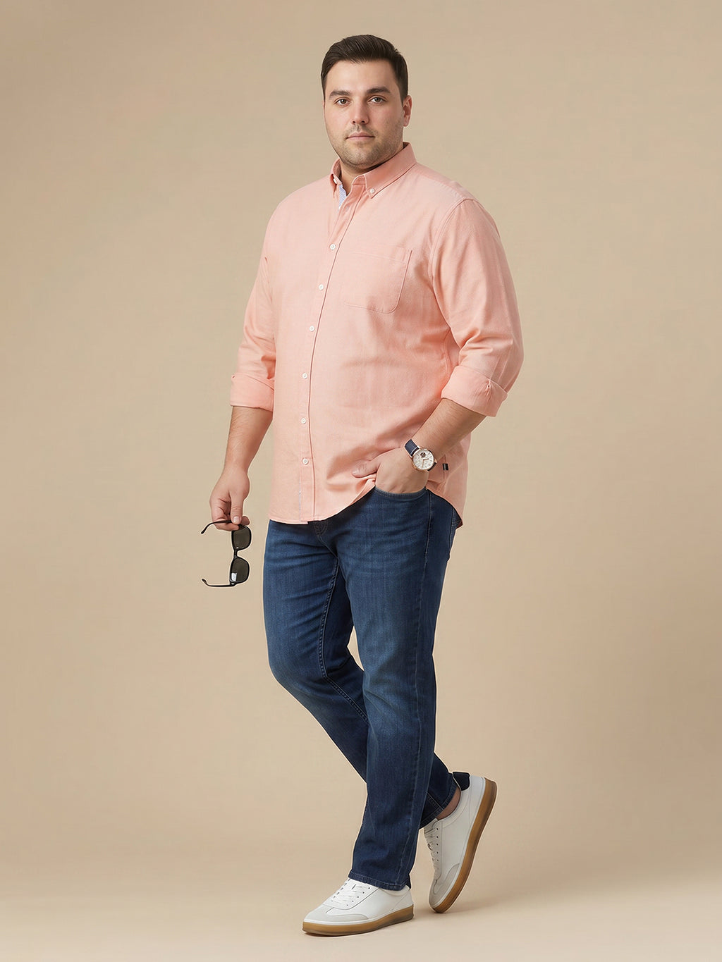 Thomas Scott Men Premium Orange Plus Size Regular Fit Long Sleeves Button-Down Collar Solid Cotton Casual Shirt