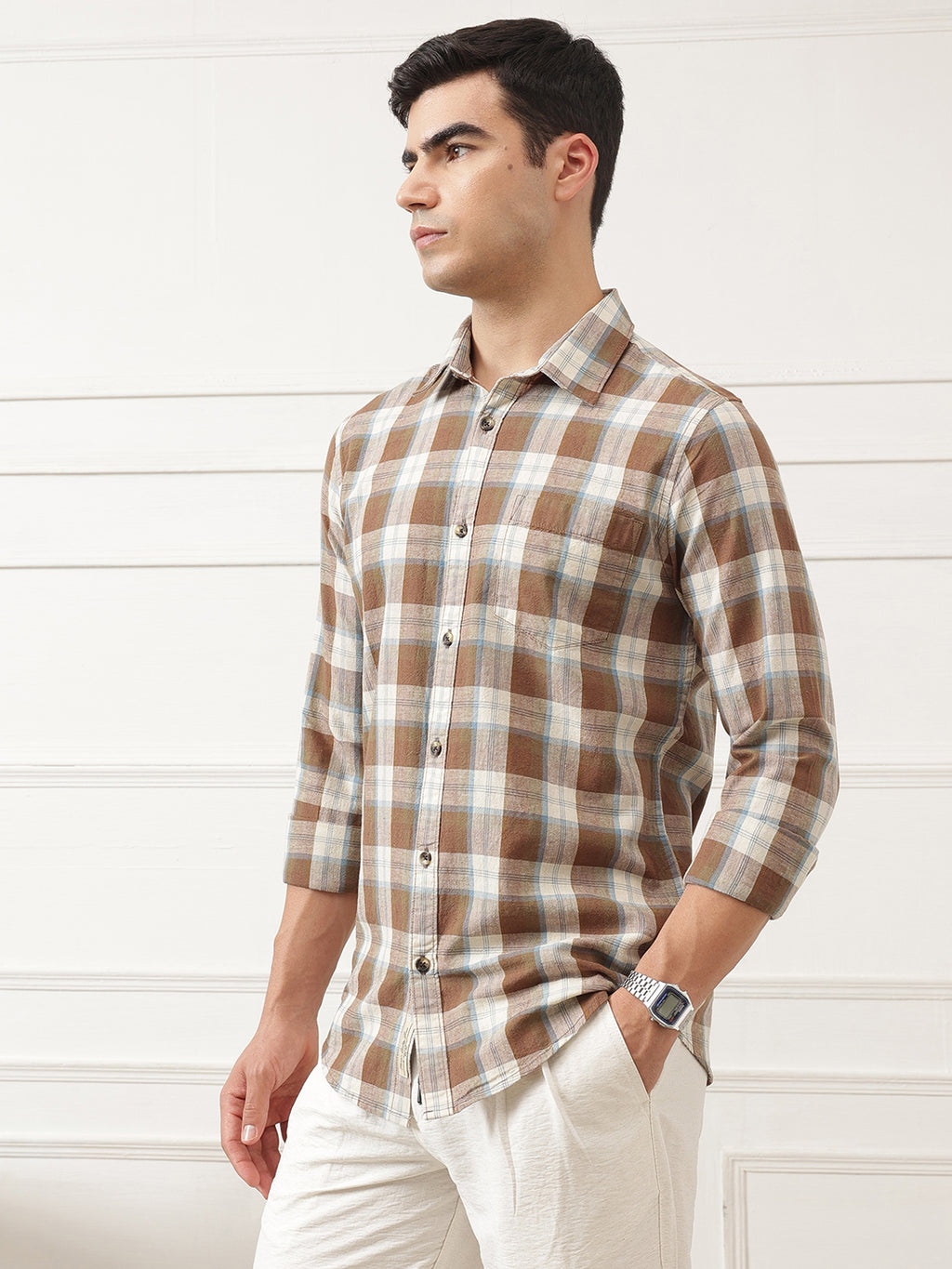 Brown Premium Slim Fit Graphic Checked Cotton Linen Casual Shirt For Men