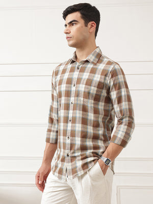 Brown Premium Slim Fit Graphic Checked Cotton Linen Casual Shirt For Men