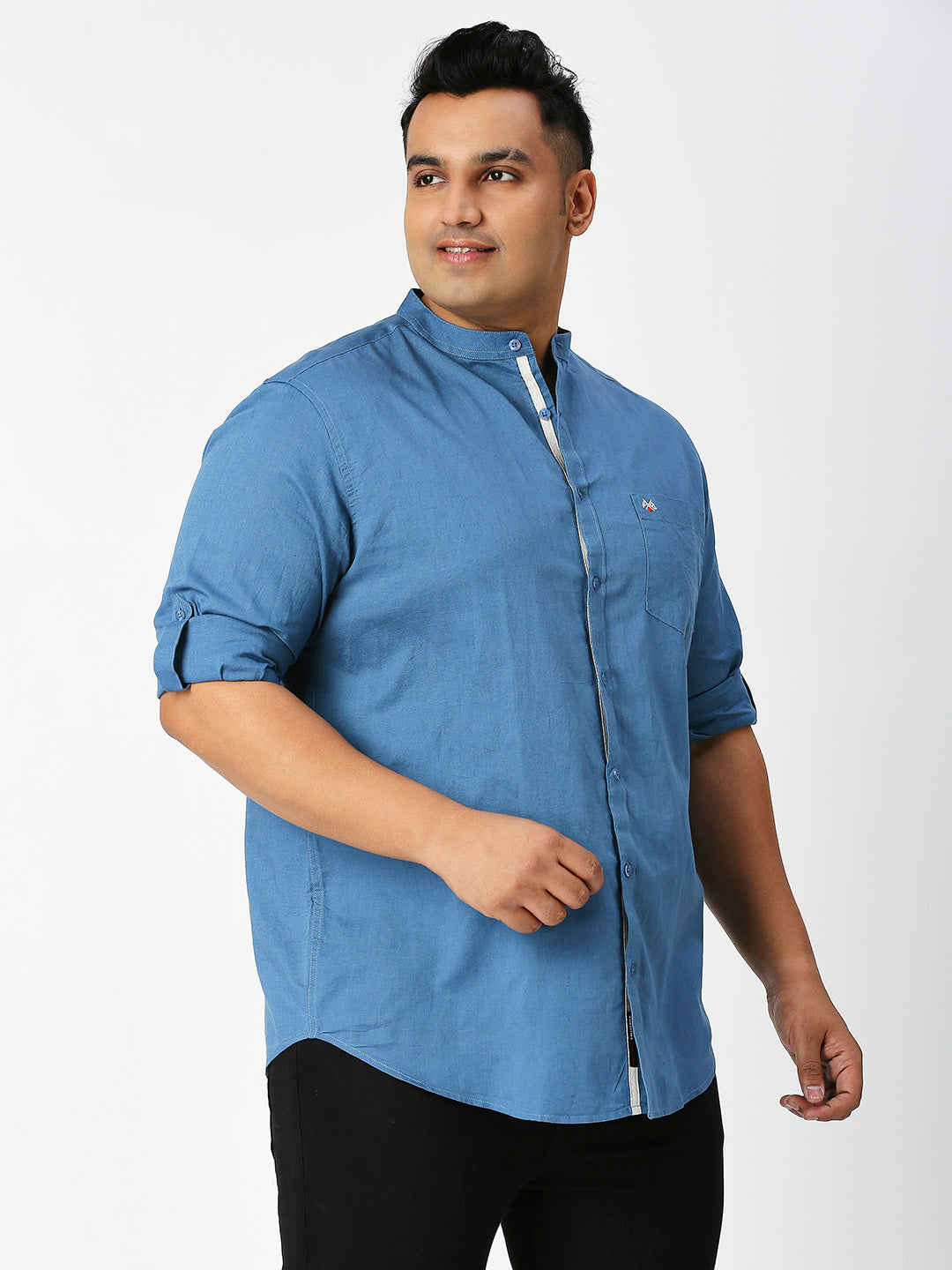 Thomas Scott Men Teal Premium Plus Size Regular Fit Long Sleeves Band Collar Solid Cotton Linen Casual Shirt