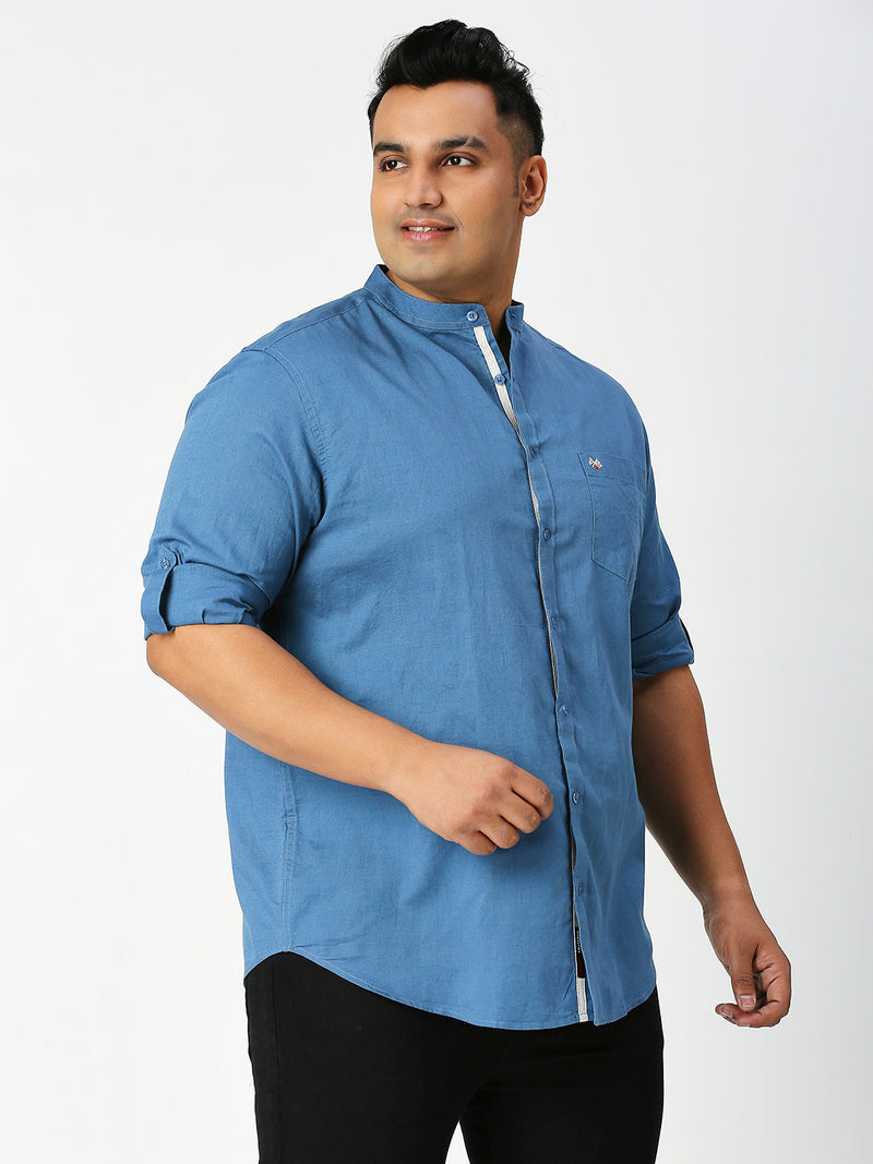 Thomas Scott Men Teal Premium Plus Size Regular Fit Long Sleeves Band Collar Solid Cotton Linen Casual Shirt