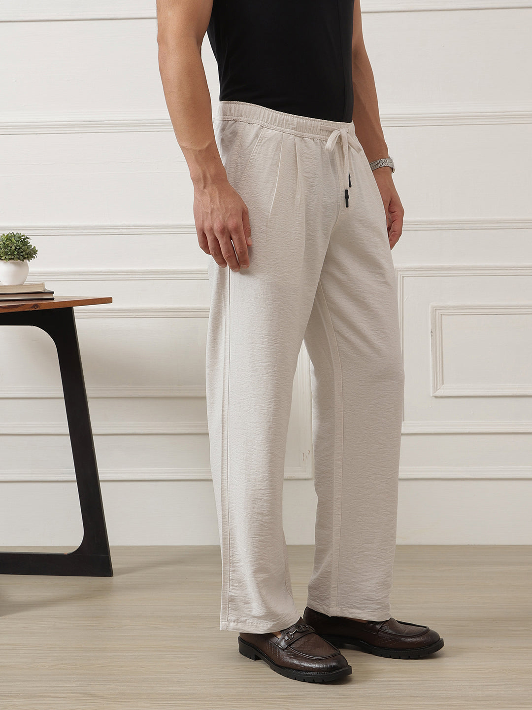 Thomas Scott Men Beige Smart Straight Fit Mid-Rise Pleated Woven Trouser