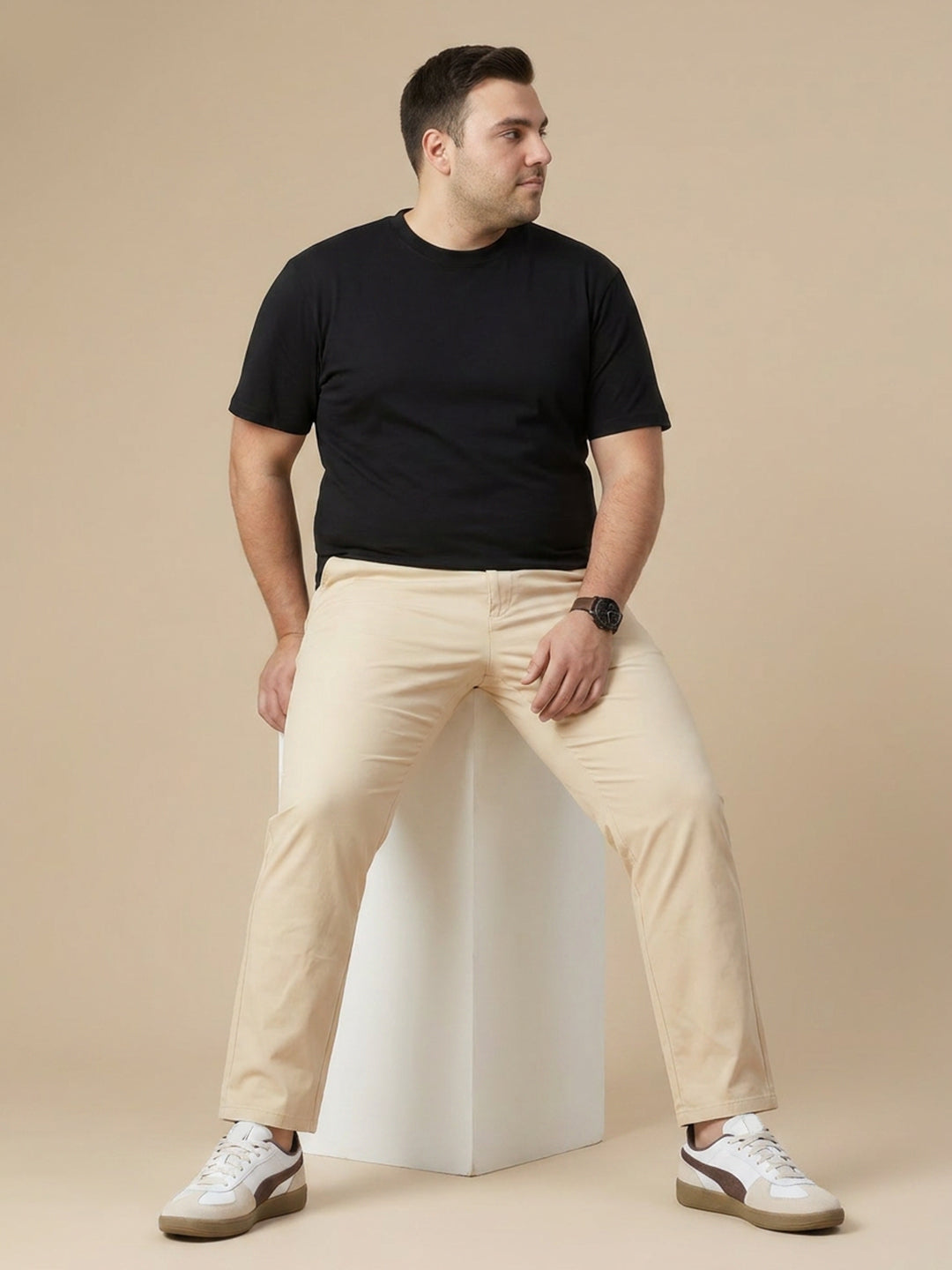 Cream Plus Size Smart Easy Wash Solid Pure Cotton Woven Chinos Trouser For Men