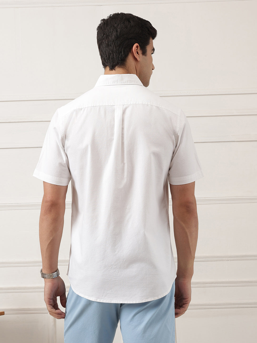 Optical White Regular Fit Short Sleeve Spread Collar Solid Oxford Cotton Casual Shirt For Men