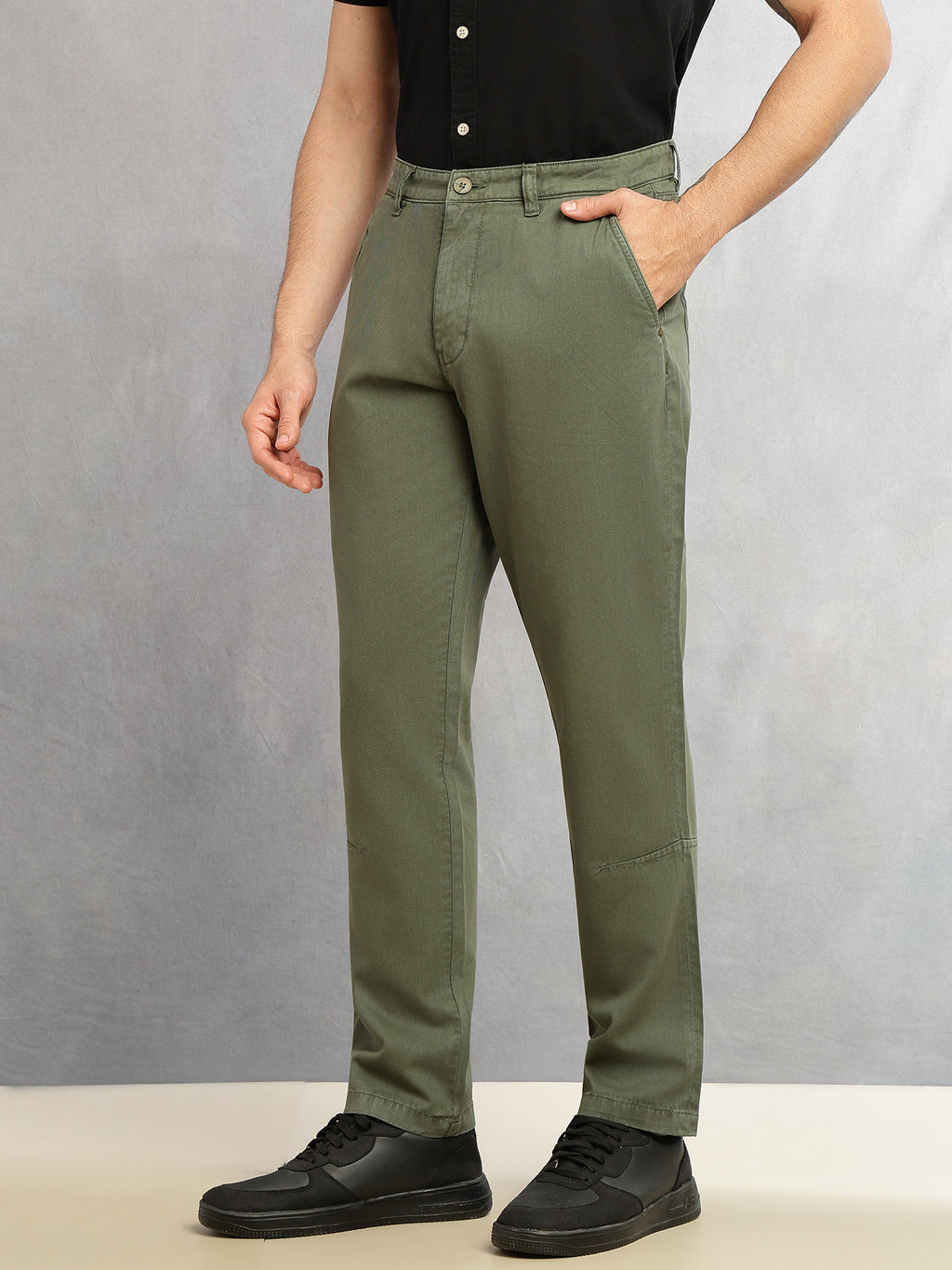 Olive Cricket Club Collection Straight Fit Mid-Rise Solid 4 Pockets 100% Cotton Woven Chinos Trouser