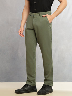 Olive Cricket Club Collection Straight Fit Mid-Rise Solid 4 Pockets 100% Cotton Woven Chinos Trouser