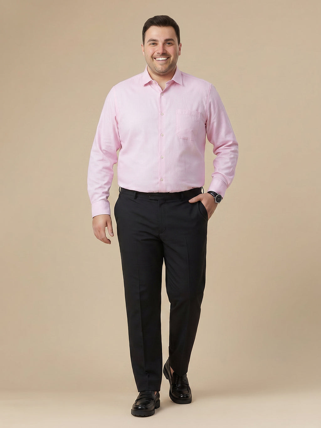 Pink Plus Size Smart Long Sleeves Regular Fit Spread Collar Solid 100% Cotton Formal Shirt For Men