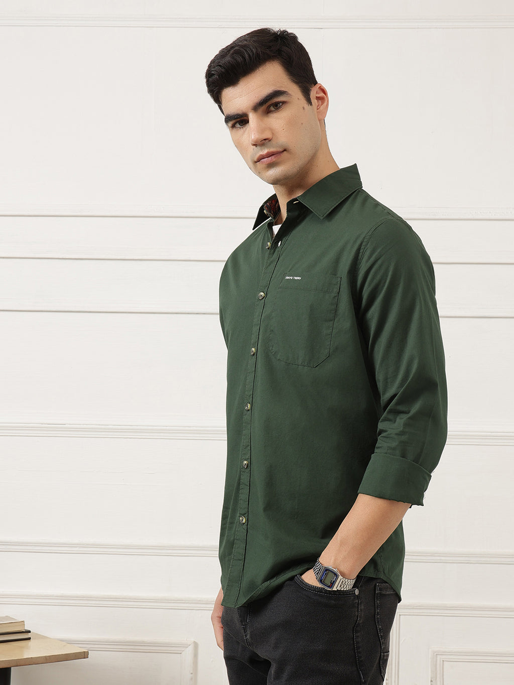 Olive Premium Regular Fit Long Sleeves Spread Collar Solid Cotton Casual Shirt For Men
