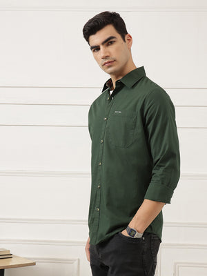Olive Premium Regular Fit Long Sleeves Spread Collar Solid Cotton Casual Shirt For Men