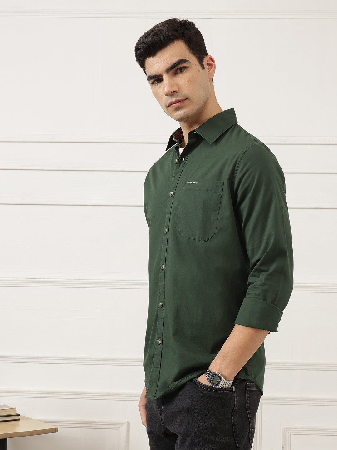 Olive Premium Regular Fit Long Sleeves Spread Collar Solid Cotton Casual Shirt For Men