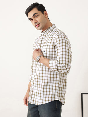 Thomas Scott Men Brown Regular Fit Long Sleeves Gingham Checks Button Down Collar Cotton Linen Casual Shirts