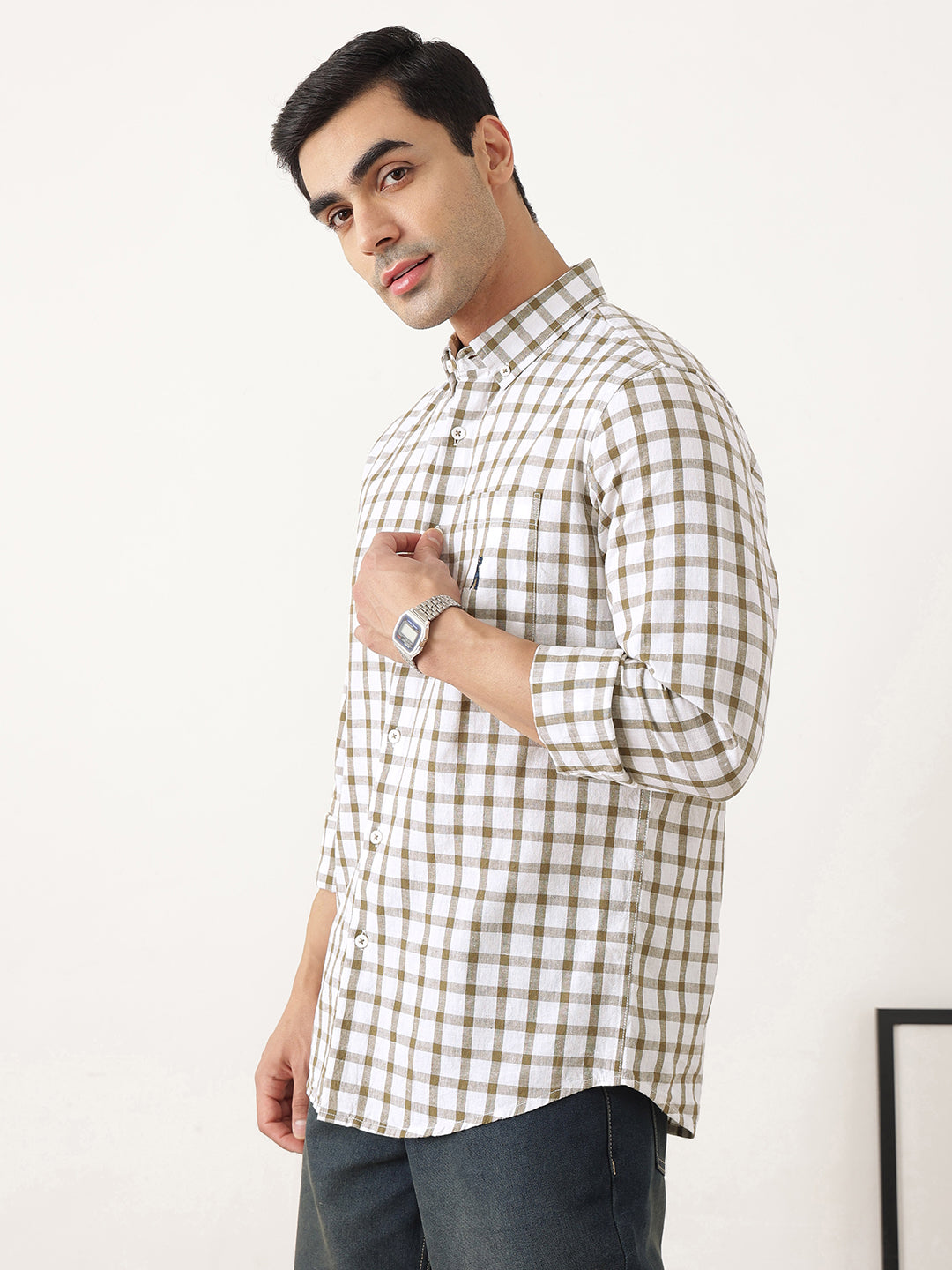 Thomas Scott Men Brown Regular Fit Long Sleeves Gingham Checks Button Down Collar Cotton Linen Casual Shirts