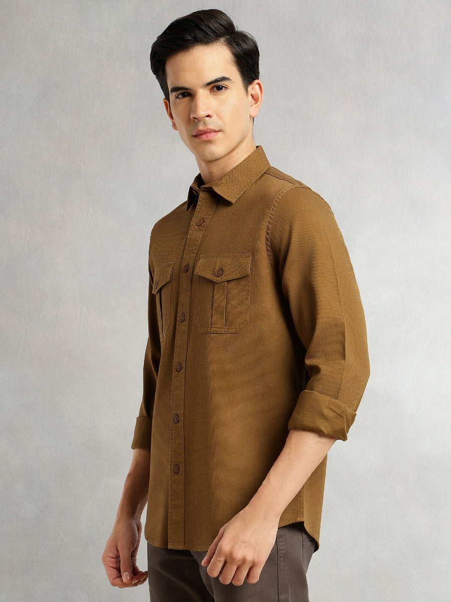 Thomas Scott Men Khaki Cricket Club Collection Men Slim Fit Cotton Casual Shirt-Dual Flap Pocket