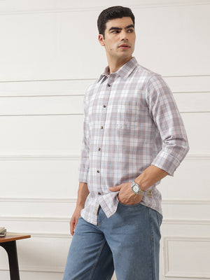 Grey Premium Slim Fit Graphic Checked Cotton Linen Casual Shirt For Men