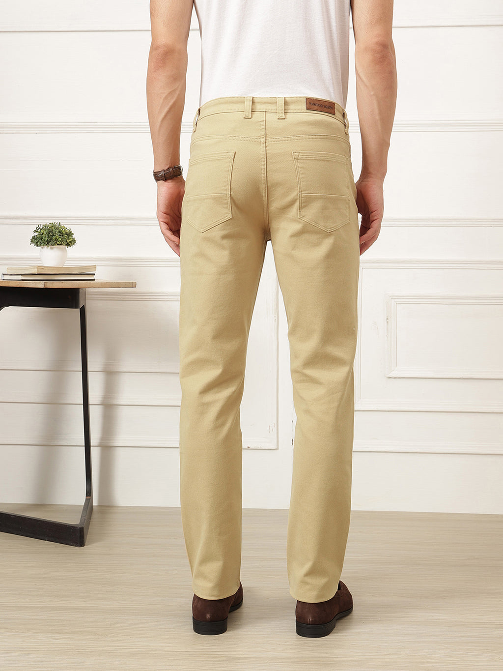 Beige Smart Straight Fit Mid-Rise Solid Woven Trouser For Men