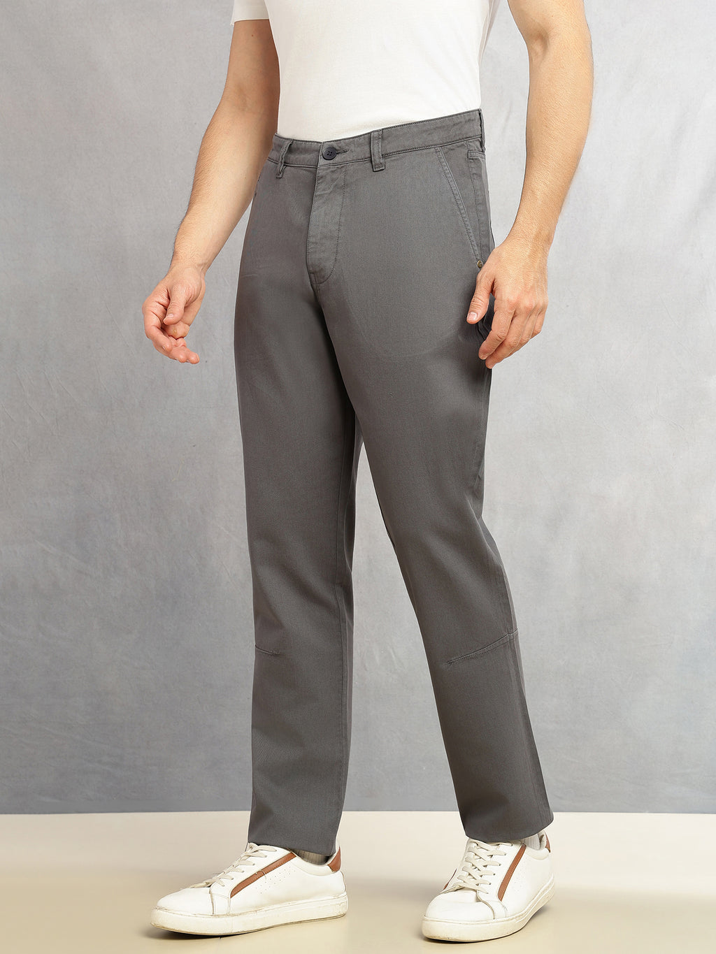 Charcoal Cricket Club Collection Straight Fit Mid-Rise Solid 4 Pockets 100% Cotton Woven Chinos Trouser