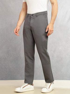 Charcoal Cricket Club Collection Straight Fit Mid-Rise Solid 4 Pockets 100% Cotton Woven Chinos Trouser