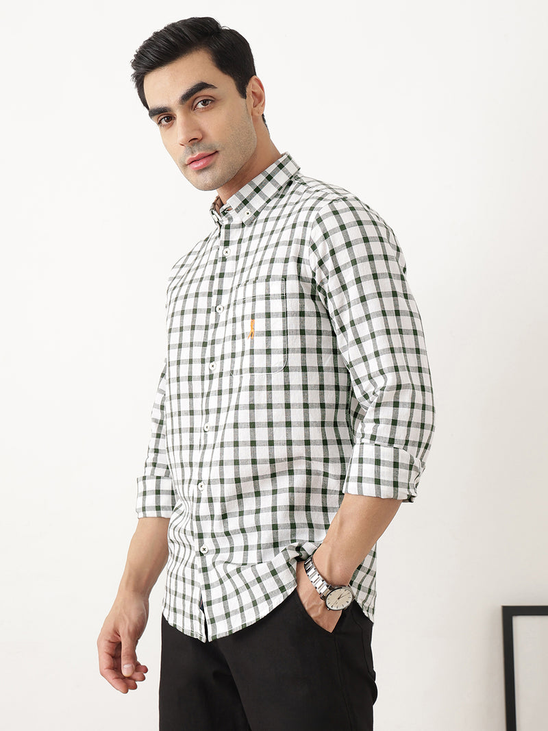 Thomas Scott Men Green Regular Fit Long Sleeves Gingham Checks Button Down Collar Cotton Linen Casual Shirts