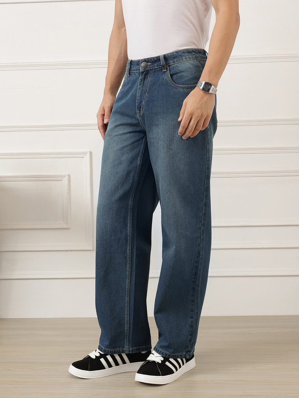 Dark Blue Smart Baggy Fit Mid-Rise Clean Look Non-Stretchable Jeans For Men