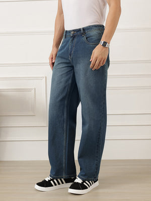 Dark Blue Smart Baggy Fit Mid-Rise Clean Look Non-Stretchable Jeans For Men