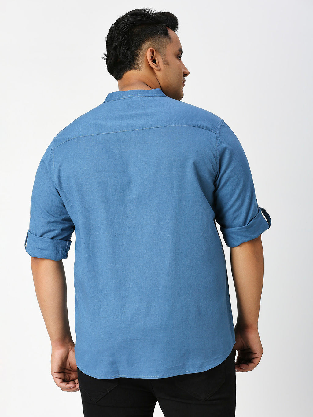 Thomas Scott Men Teal Premium Plus Size Regular Fit Long Sleeves Band Collar Solid Cotton Linen Casual Shirt