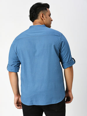 Thomas Scott Men Teal Premium Plus Size Regular Fit Long Sleeves Band Collar Solid Cotton Linen Casual Shirt