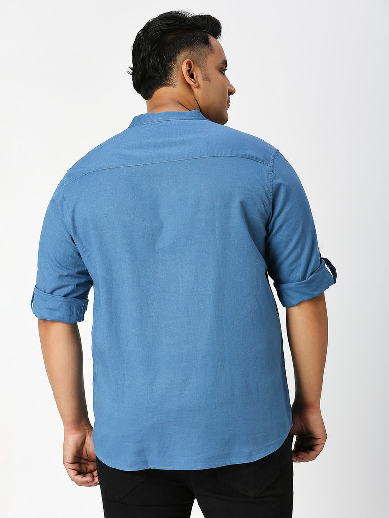 Thomas Scott Men Teal Premium Plus Size Regular Fit Long Sleeves Band Collar Solid Cotton Linen Casual Shirt