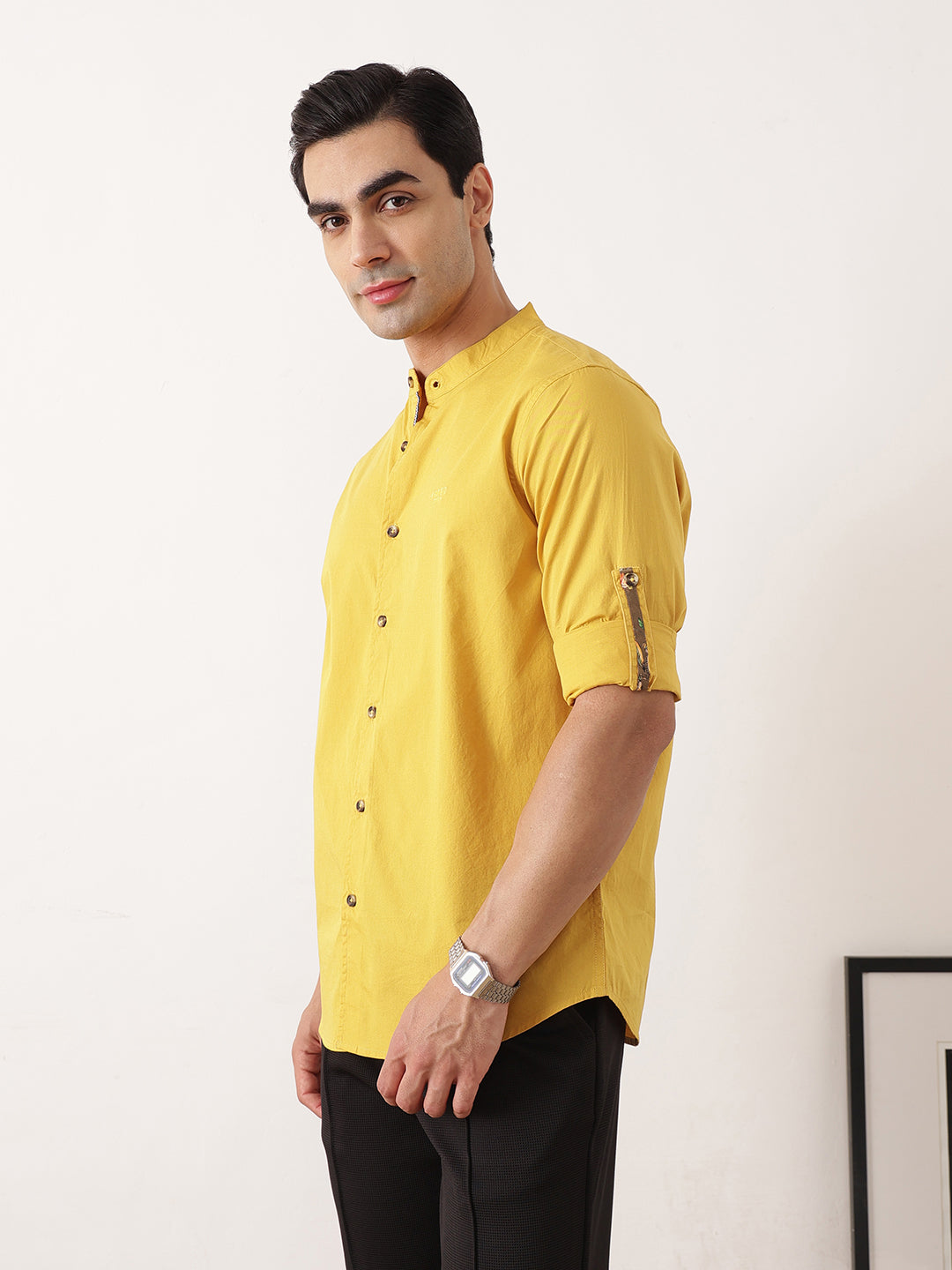 Thomas Scott Men Yellow Premium Regular Fit Long Roll-Up Sleeves Mandarin Collar Solid Cotton Casual Shirts