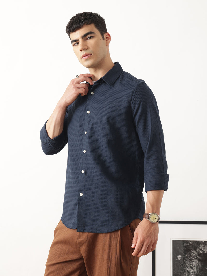 Thomas Scott Men Premium Navy Blue Regular Fit Long Sleeves Spread Collar Textured Casual Shirt