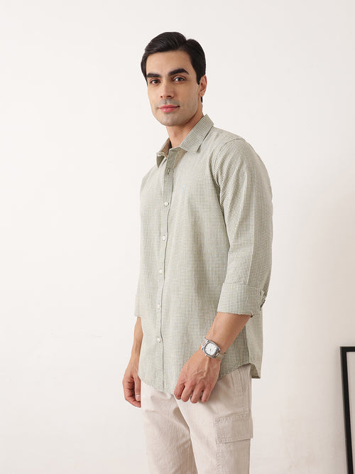 Thomas Scott Men Olive Premium Regular Fit Long Sleeves Spread Collar Gingham Checks Cotton Linen Casual Shirt