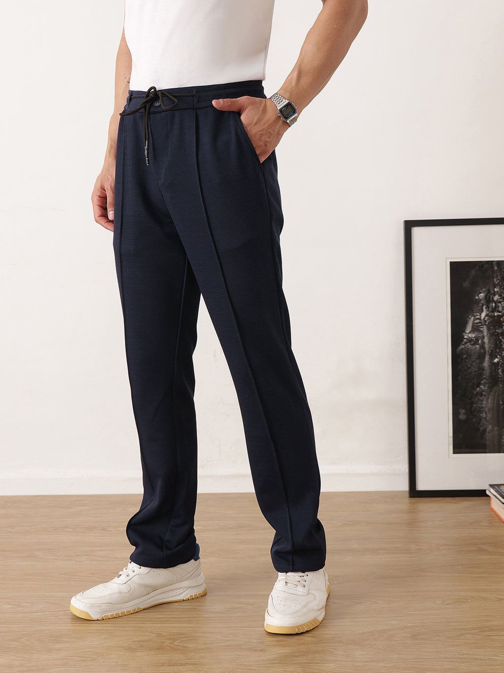 Thomas Scott Men Navy Smart Regular Fit Mid-Rise Textured Pleated Knitted Casual Trousers with Drawstring Closure