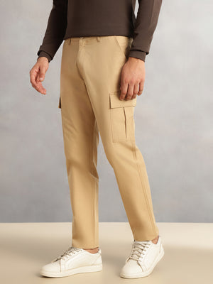 Beige Cricket Club Collection Straight Fit Solid 4 Pockets Design Woven Cargo Trouser