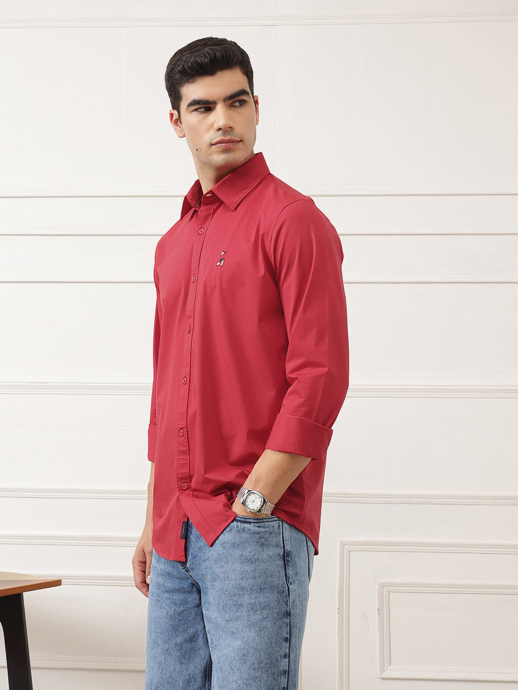Red Premium Regular Fit Spread Collar Full Sleeve Solid Cotton Casual Shirt For Men