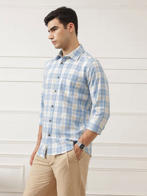 Light Blue Premium Slim Fit Graphic Checked Cotton Linen Casual Shirt For Men